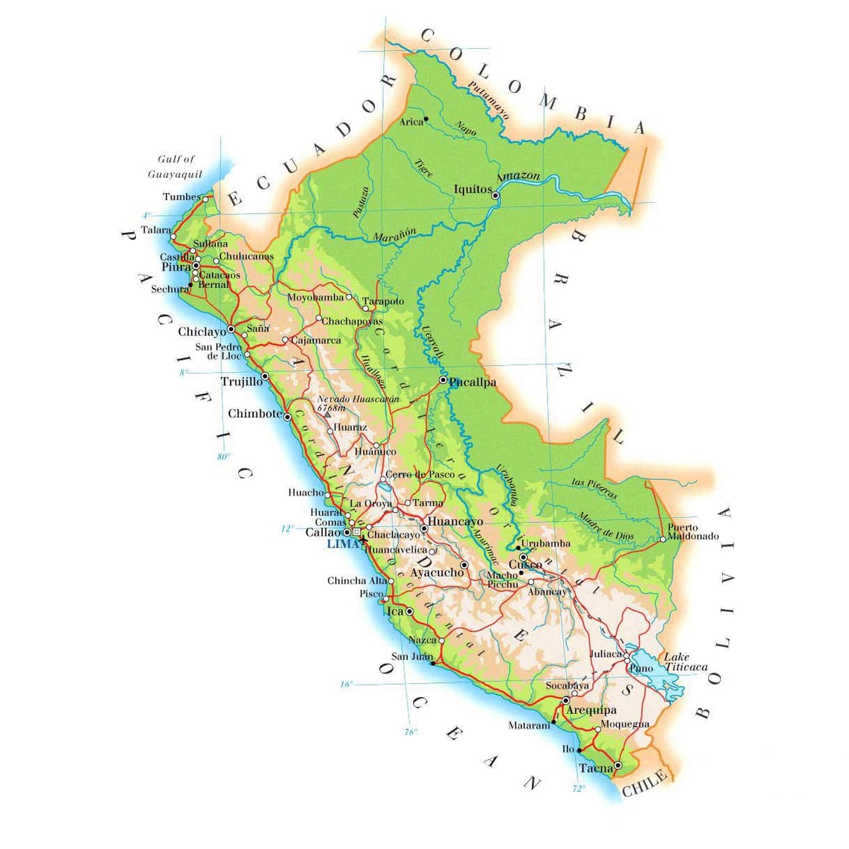 térkép fizikai térkép Peru